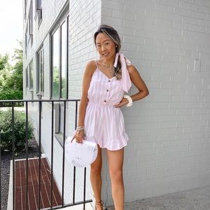 Pink and white striped romper with tie